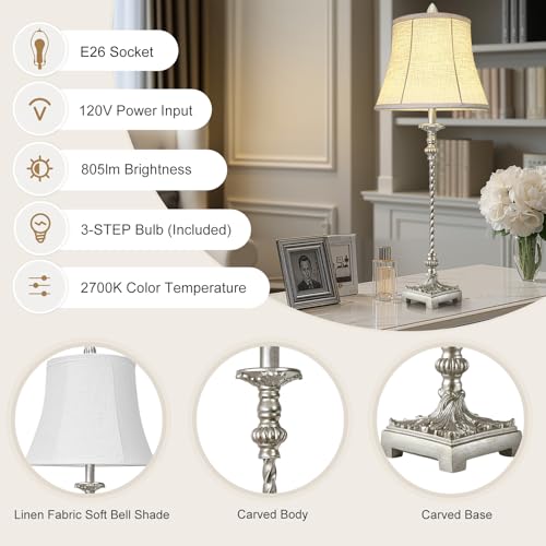 LuxSight European Country Vintage Style Candle Stick Buffet Table Lamps Set of 2, 33'' Tall Ivory White Linen Fabric Soft Bell Shade Stepless Dimming for Living Room Bedroom Dinning House Study Room