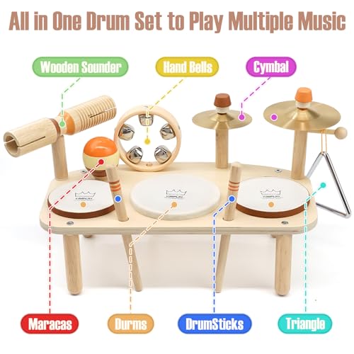 Kids Drum Set - Montessori Toys for 2 Year Old Boy Girl Birthday Gifts, 11 in 1 Wooden Musical Instruments for Toddlers 2-3, Musical Activity Table Preschool Learning Toys for Baby 18+ Months