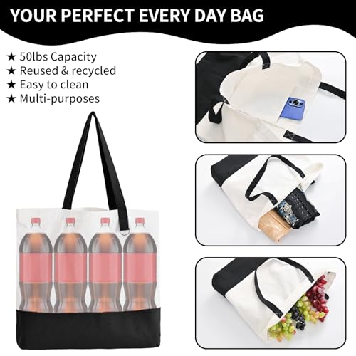 6 Pack Canvas Tote Bags with Zipper, Blank Reusable Grocery Bags, Widened Washable Bag with Inner Pocket, Shopping Travel Large Tote Bags for DIY Heat Transfer, Birthday Gifts, Halloween Crafts