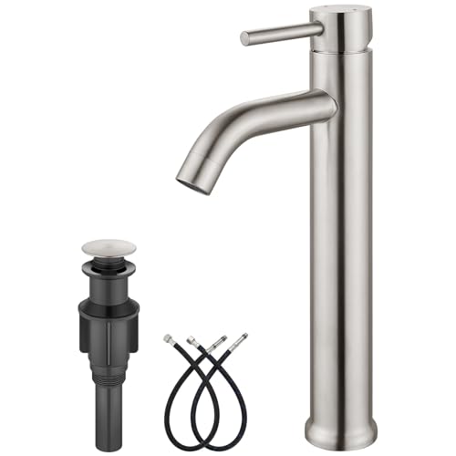 Aolemi Matte Black Vessel Sink Faucet Bathroom Faucet Tall Stainless Steel Bathroom Sink Faucet Single Handle One Hole Round Body with Pop up Drain Basin Bowl Vanity Lavatory Mixer Tap