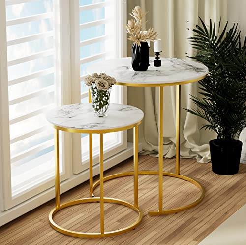 Garden 4 you Coffee Table Faux Marble Nesting Table for Small Place 2 Sets Modern Furniture Living Room Sets End Side Table Night Stand for Bed Room Dining Room (White & Gold)