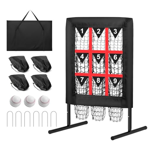 9 Hole Pitching Net with Strike Zone,Portable Softball Pitching Net,Baseball Pitching Net Height Adjustable Easy Setup Heavy Duty Baseball Softball Net for All Skill Levels&Age Pitcher Training