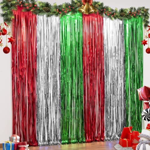 LOLStar 3 Pack Christmas Party Decorations 3.3 x 6.6ft Foil Fringe Curtains Red Silver Green Tinsel Metallic Photobooth Props Backdrop Streamers for Christmas in July, New Year, Ugly Sweater Party