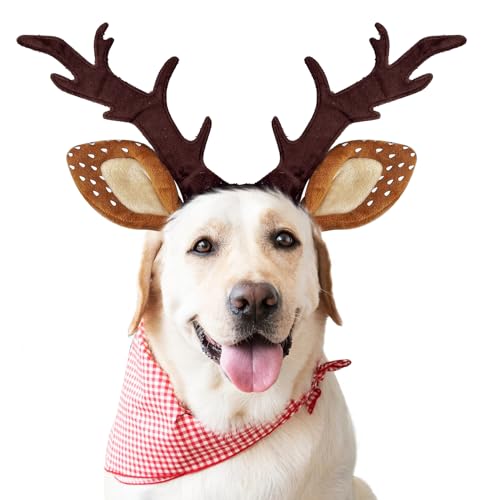 KUDES Dog Cat Christmas Reindeer Antlers Headband Classic Adjustable Elk Hat Headwear Pet Deer Cospaly Costumes Accessories (L(for Medium Big Dogs))