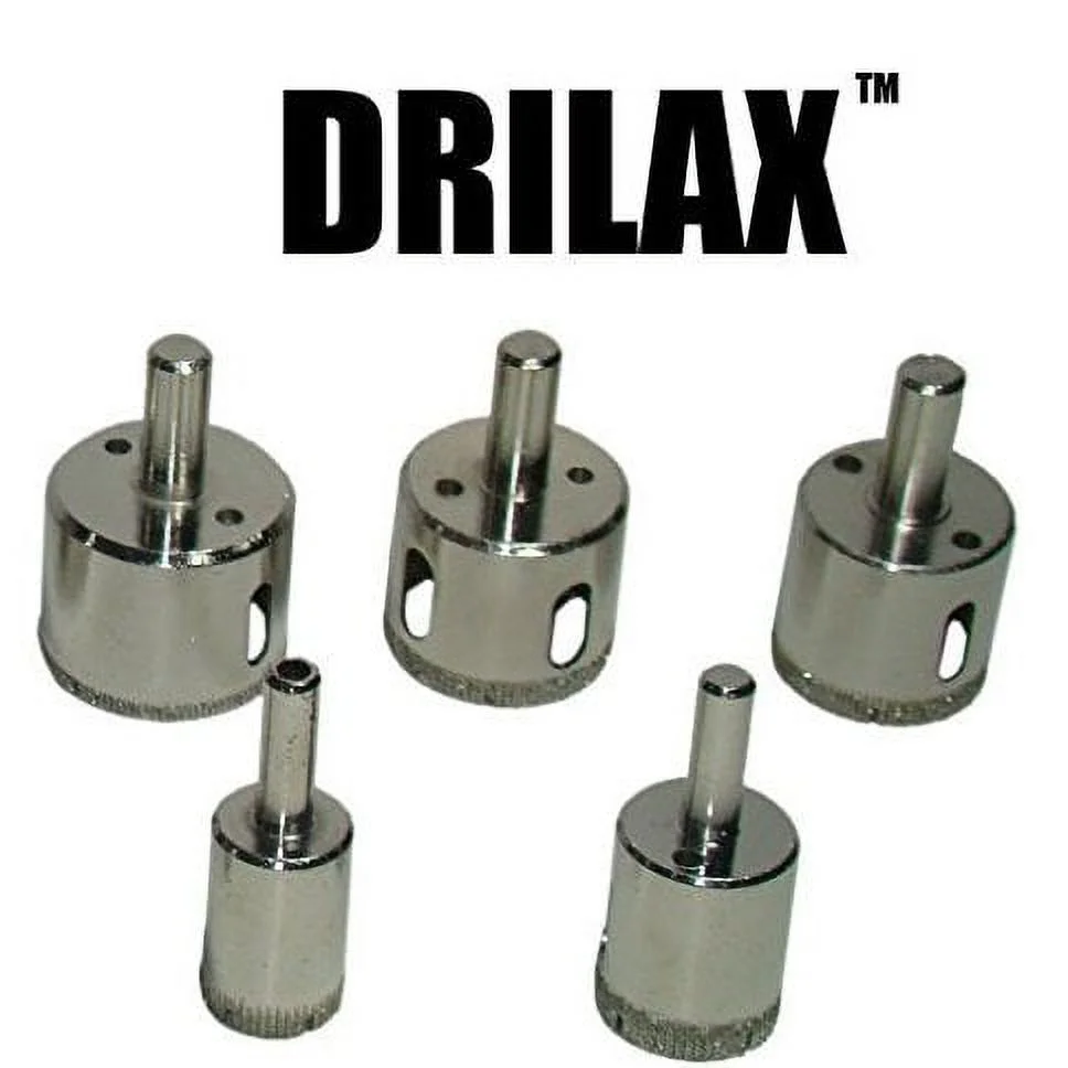 Drilax 5 Pcs Diamond Drill Bit Set 3/4", 1", 1-3/16", 1-3/8", 1-5/8" Wet Cutting Tiles, Glass, Fish Tanks, Marble, Granite, Ceramic, Porcelain, Bottle
