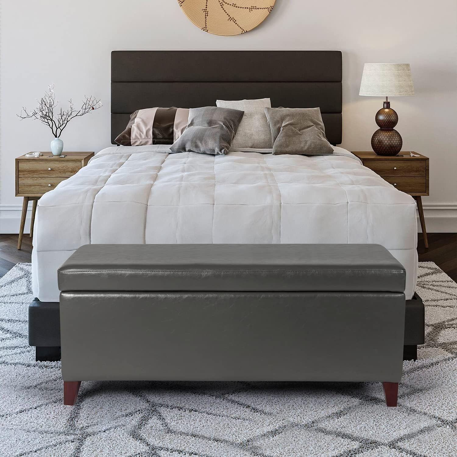 Storage Bench Ottoman Footstool- Lift Top Coffee Table Ottoman- Gray Faux Leather Ottoman With Storage- End Of Bed Bench For Living Room And Bedroom