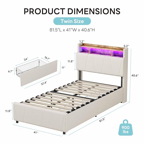 LIKIMIO Twin Bed Frame with 2 Storage Drawers, Charging Station & LED Lights, Upholstered Platform Twin Bed with Storage Headboard, Strong Wooden Slats, No Box Spring Needed, Easy Assembly, Beige