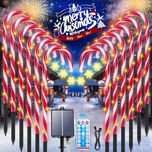 Candy Cane Christmas Lights, 12 Pack Waterproof Christmas Solar Candy Cane Lights with 8 Modes and Timer, 1200mah Solar Candy Canes Light Outdoor Decorations for Pathway, Yard, Patio, Garden