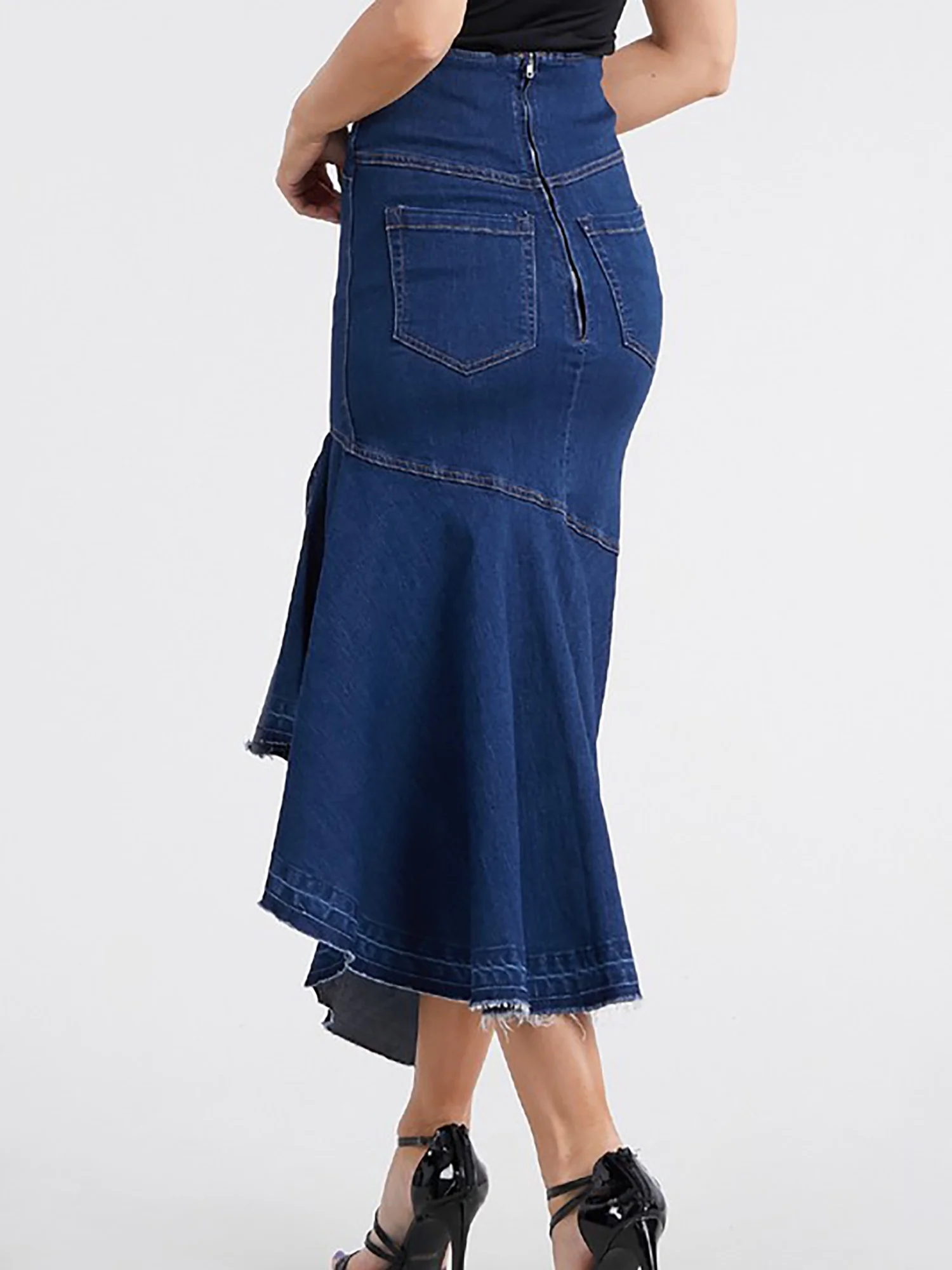 A2Y Women's Casual Rayon High Waist Back Zipper Denim Jean Long Skirts Dark Wash L