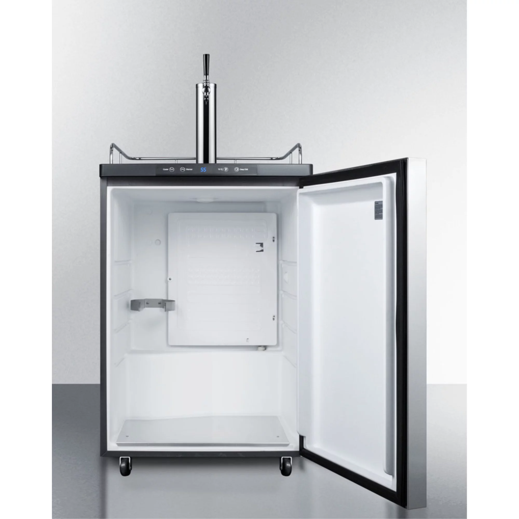 Built-in residential beer dispenser, auto defrost with digital thermostat, stainless steel door, horizontal handle, and black cabinet