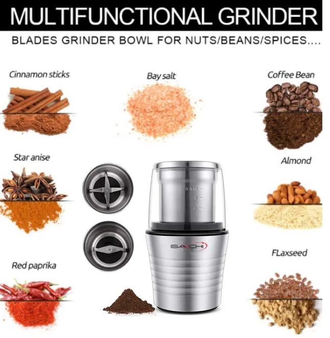 2-in-1 Electric Coffee Grinder Plus Wet and Dry Spice Grinder with 2 Stainless Steel Blades Removable Bowls, SA-2915