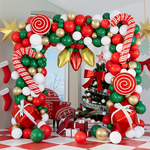DBKL Balloons 152Pcs Garland Kit for Christmas, Red, White, Green, Gold, Candy Cane, Gift Box, Light Bulb Foil Balloons, Decorations, Party Supplies