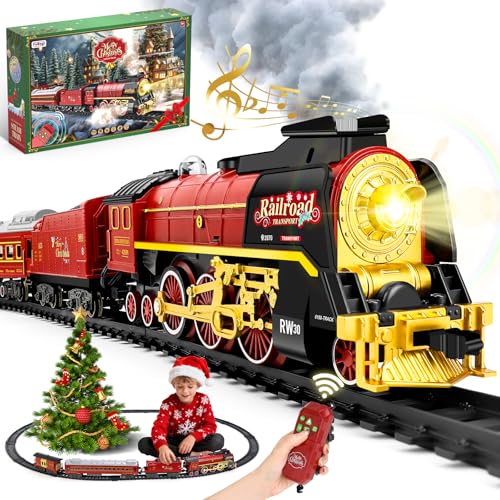 Electric Model Train Set with Smoke, Lights & Sound, Kids Remote Train Toy Set for under Christmas Tree, Steam Locomotive Train, Glowing Passenger Carriages, Christmas Toys Gift for Boys Girls Ages 6+