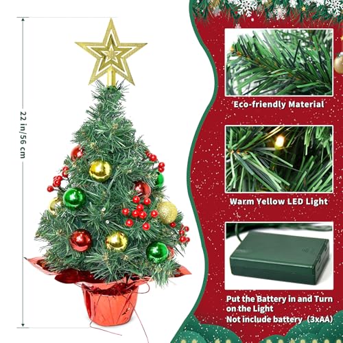 Tabletop Christmas Tree with LED String Lights,22In Pre-Decorated Mini Artificial Christmas Tree for Desktop,Star Treetop and Colored Oranments for Home Indoor Holiday Christmas Decoration-Red