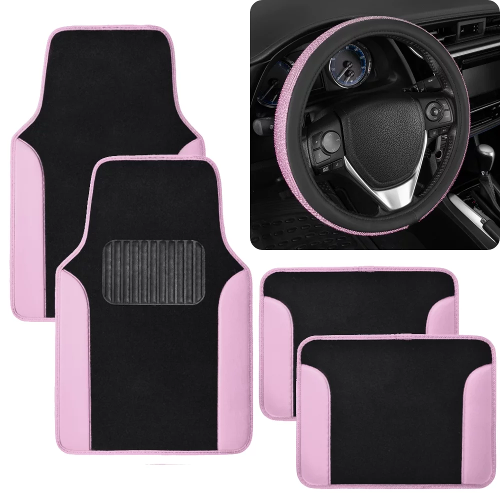 Vibrant Color Car Accessory Gift Set, Includes Two-Tone Glitter PU Leather Carpet Floor Mats & Diamond Bling Steering Wheel Cover, Holiday Combo Pack for Autos Truck Van SUV