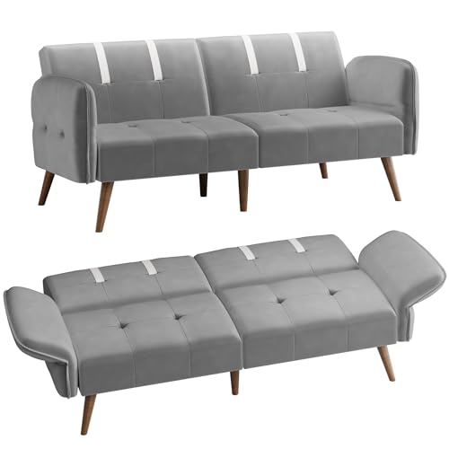 Shintenchi Sleeper Sofa Bed,Velvet Futon Folding Couch Bed with Adjustable Armrest Backrest,Loveseat Sofa Couch for Living Room Apartment Office Small Space,Light Grey