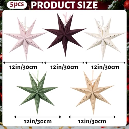 5PCS Flocked Paper Star Lantern - 12 inch Hanging Velvet Christmas Paper Star Lampshade 7 Points Christmas Stars Foldable for Xmas Wedding Home Decor