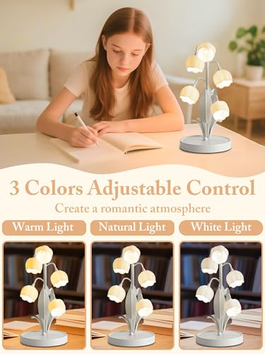 Green Flower Lamp for Home,Bedside Vintage Table Lamps,5 Lily of The Valley Reading Lights,3 Colors Modes Kawaii Bedside Lamp Decor,with G4 Bulb Nightstand Light for Living Room Office Bedroom