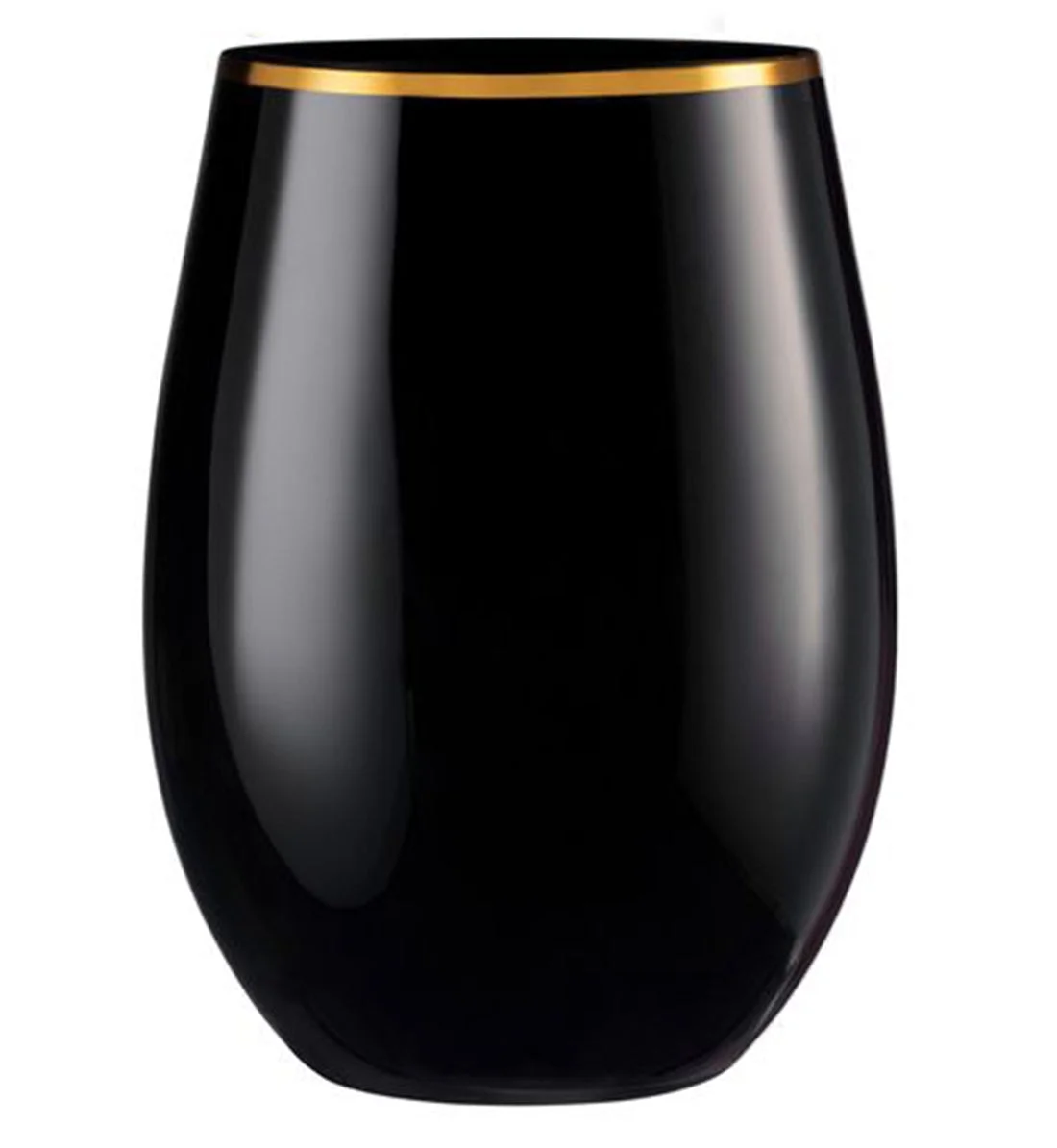 VEZEE Stemless Plastic Wine Goblet 16 oz Black / Gold Rim Pack of 48
