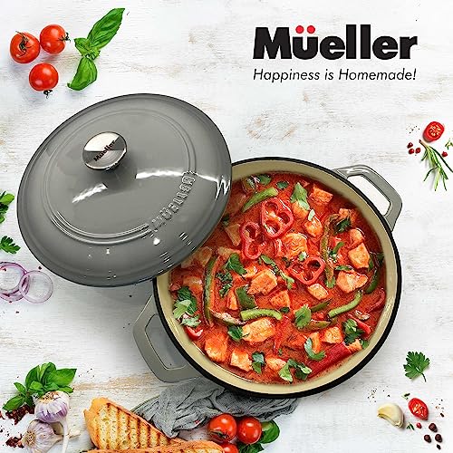 Mueller 6qt Enameled Cast Iron Dutch Oven, Heavy-Duty Casserole and Braiser Pan with Lid and Knob, Oven-Safe up to 500° F & Across All Cooktops, White