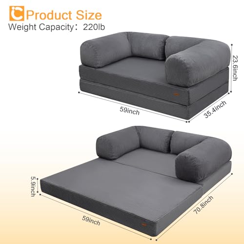 COMAX Futon Sofa Bed, 4-in-1 Floor Foldable Sofa Couch Bed Queen with L-Shaped Armrests, Convertible Folding Chair Bed Sleeper Mattress Fold Out Comfy Lounge for Living Room Bedroom, Dark Grey