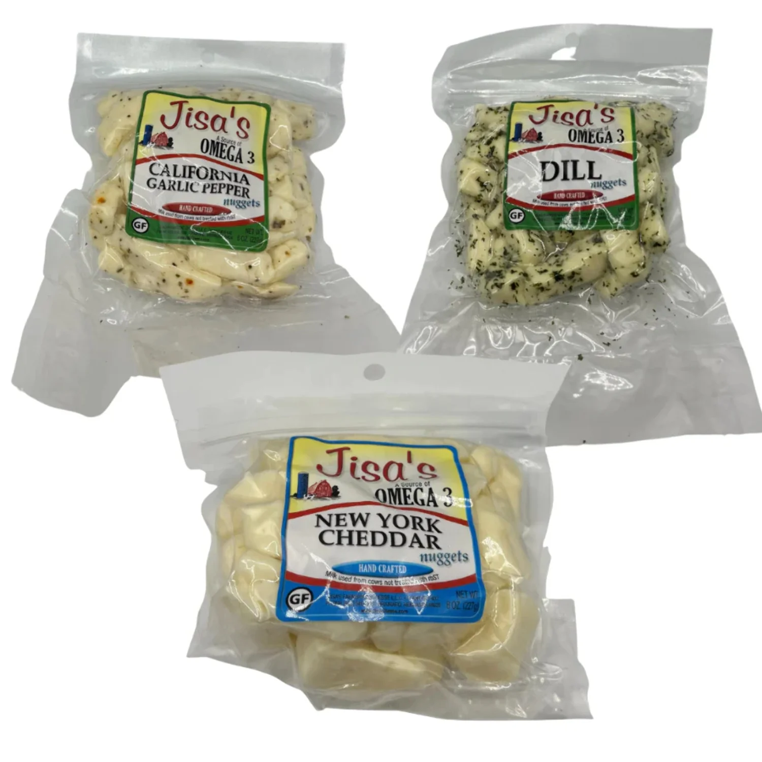 Best Nebraska Farmstead Cheese Nuggets 3 Piece Sampler | New York Cheddar, Dill, California Garlic Pepper | Made in Small Batches | Hand-Cut and Carefully Aged