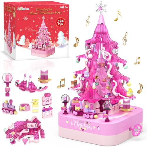Shemira 594 PCS Christmas Tree Building Block Toy Set, Rotating Christmas Music Box, Toy Building Sets, for Kids Boys Girls Teens, Christmas Toys Decoration for Kids Adult, Green