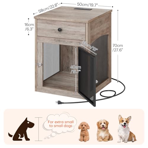 HOOBRO Dog Crate Furniture, Dog Kennel with Drawer and Charging Station, Indoor Decorative Puppy House, Wooden Pet Crate End Table for Small Dogs, Rustic Brown and Black BF58UGW03G1