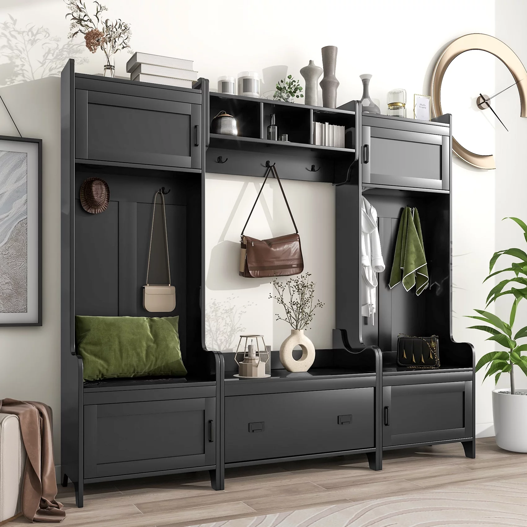 Hall Tree with Bench and Shoe Storage, 4 In 1 Entryway Bench with Coat Rack and 4 Cabinet, Mudroom Bench with 7 Double Hooks, 2 Open Shelves and 1 Drawer Entryway (Black, 78.7