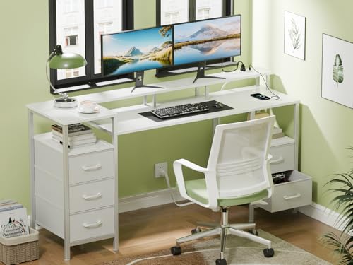 55 Inch Computer Gaming Desk with Power Outlets & LED Lights Reversible Home Office with Adjustable Fabric Storage Drawers for Working, Writing, Study, White
