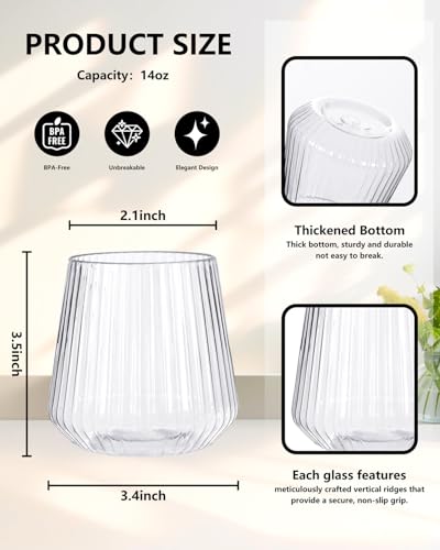 YOUBET 24 Pack Plastic Ribbed Wine Glasses - 10 OZ Clear Square Wine Glasses with Stem - Heavy Duty Vintage Disposable Champagne Cups for Wedding Parties & New Year