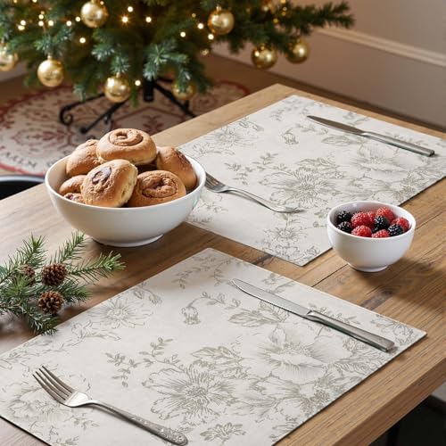 JINCHAN Linen Floral Fall Placemats Christmas Set of 4 Cloth Table Mats Rustic Cottagecore Jacobean Outdoor Seasonal for Kitchen Dining Table Decor Washable Tablemats 13x19 Inch Green