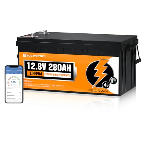ECO-WORTHY 12V 280AH LiFePO4 Lithium Battery with Bluetooth, Low Temp Protection, Built-in 200A BMS, 3584Wh Energy. Perfect for, RV, Solar Off-Grid Power SystemCamper and Travel Trailer, Group 8D