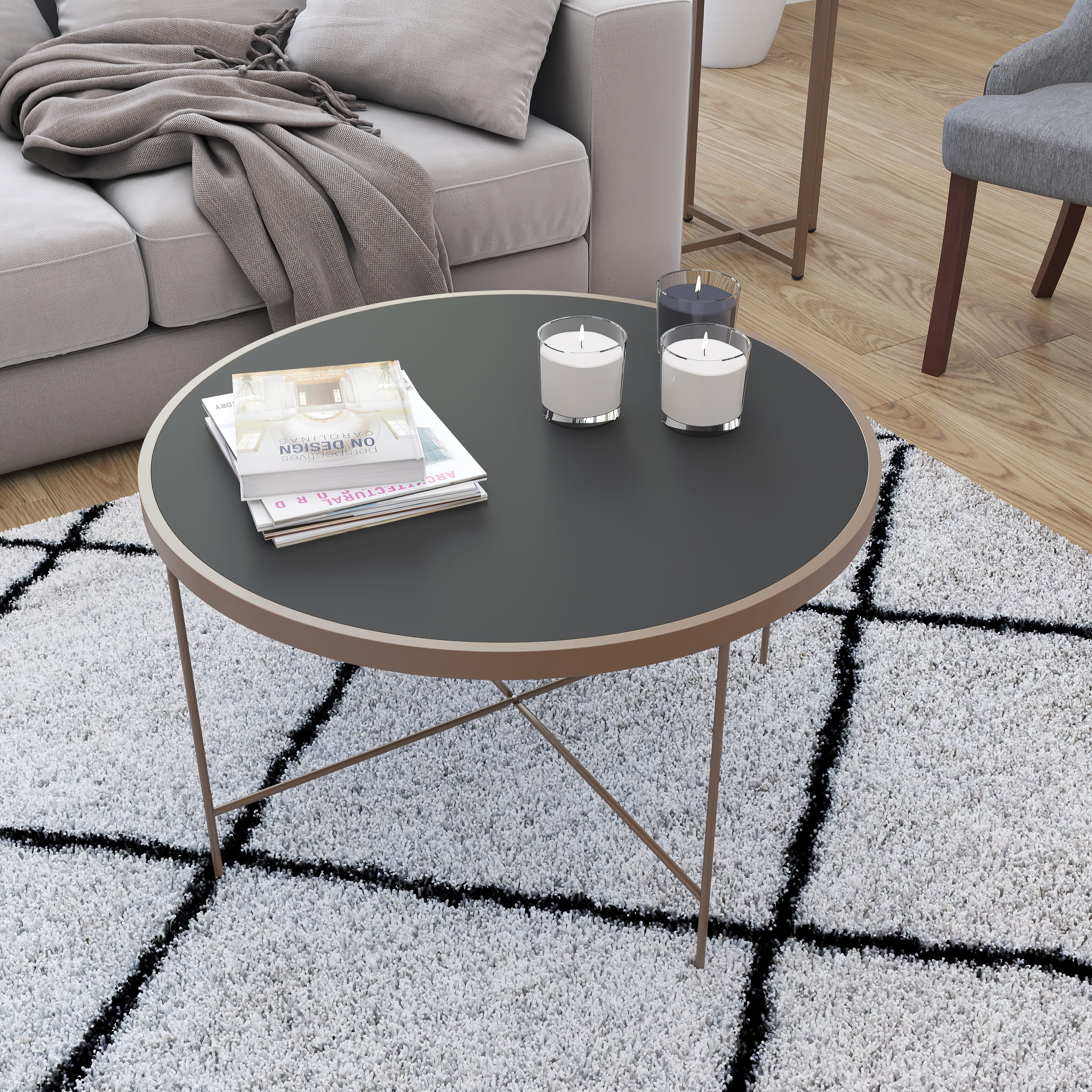 Merrick Lane Tempered Glass Coffee Table in Black with Matte Gold Round Metal Frame