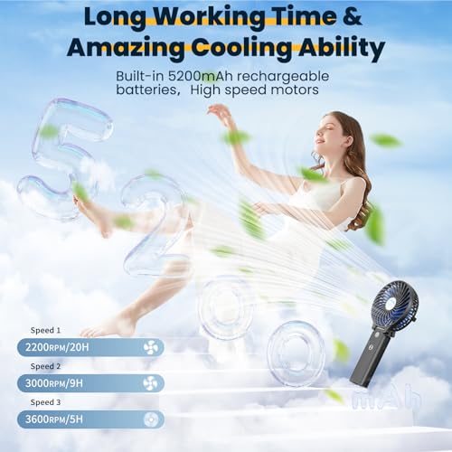 HandFan 5200mAh Portable Handheld Fan Rechargeable with Power Bank-3 Speeds Foldable Personal Cooling, 2-IN-1 Hand Held Fan Battery Operated, 20H Runtime for Travel/Summer/Concerts/Women (Black&Blue)