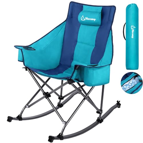 350lbs Rocking Camping Chair, Oversized Fully Padded Patio Chair Lawn Chairs With Cooler Bag Headrest and Cup Holder Rocking Chair Outdoor Folding Chairs For Outside Camping Contest(BlueGreen)