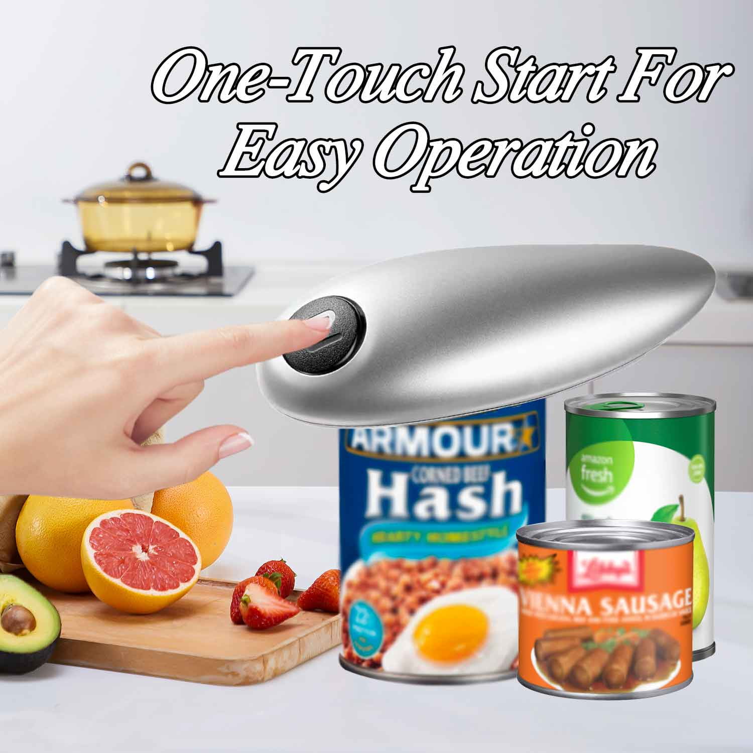 Electric Can Opener, One Touch Switch No Sharp Edges Electric Can Opener Automatic Opens Most of Cans with Ergonomic Design Gift for Kitchen, Seniors, Chef (White)