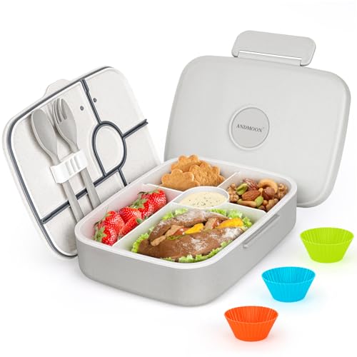 Bento Lunch Box, 5 Compartments Lunch Container for Kids/Adults with Snack cup, Wheat Fiber Eco-Friendly Double Insulated Boxes, Dishwasher and Microwave Safe, BPA-Free (White)