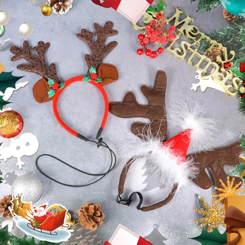 2 Pack Dog Christmas Elk Reindeer Antlers Headbands, Xmas Elk Hat Headwear for Dogs, Pet Christmas Headband with Santa Hat, Pet Headwear Accessories for Small and Medium Dogs, Pet Xmas Costume