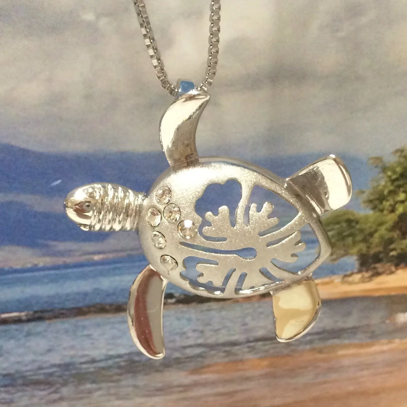 Beautiful Hawaiian Large Sea Turtle Hibiscus Earring and Necklace, Sterling Silver Turtle Hibiscus CZ Pendant, N6025S Birthday Mom Gift
