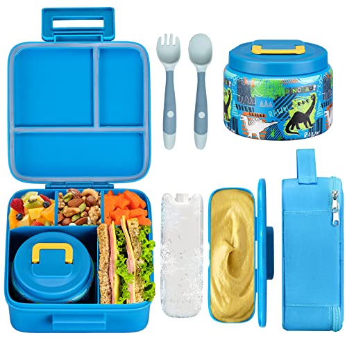 Bento Lunch Box for Kids With 8oz Soup thermo,Leak-proof Lunch Containers with 5 Compartment,thermo Food Jar and Lunch Bag, Food Containers for School (A-Blue(Dinosaur))