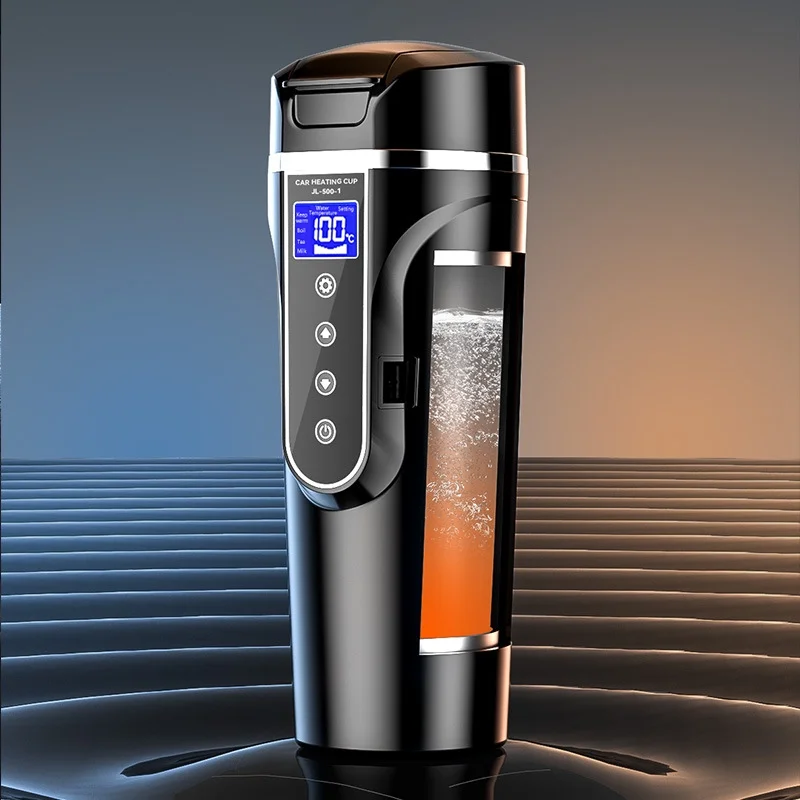 Virwir 24V/12V Travel Electric Kettle 500ml Car Heating Mug 304 Stainless Steel Liner Temp Control Portable Coffee Tea Cup for Car Truck