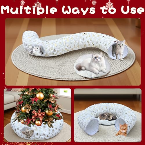 LUCKITTY Christmas Snowflake Print Cat Tunnel Under Tree, Velvet-Touch Jacquard Fabric with Hanging Plush Ball, 10-Inch Diameter 3-Ft Wide Round Pet Tube - Plush & Festive Cat Diversion Red