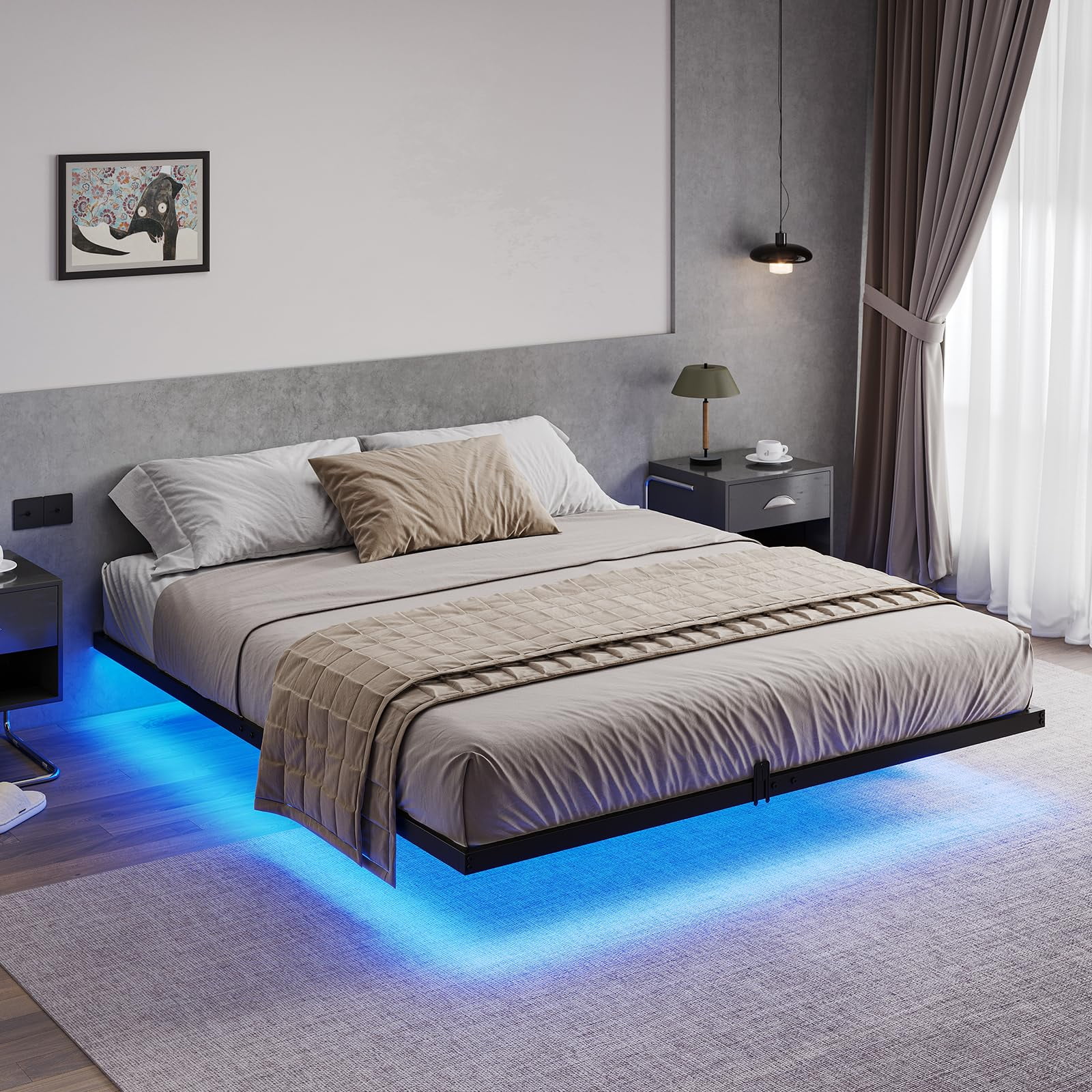 Afuhokles Floating Queen Bed Frame with LED Lights, Metal Platform Queen Bed, No Box Spring Needed, Easy to Assemble