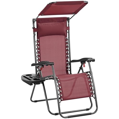 Yaheetech Outdoor Zero Gravity Chair Foldable Recliner Adjustable Patio Lounge w/Canopy Shade, Side Cup Holder Tray, Carry Strap for Garden Beach Lawn Deck Black/1