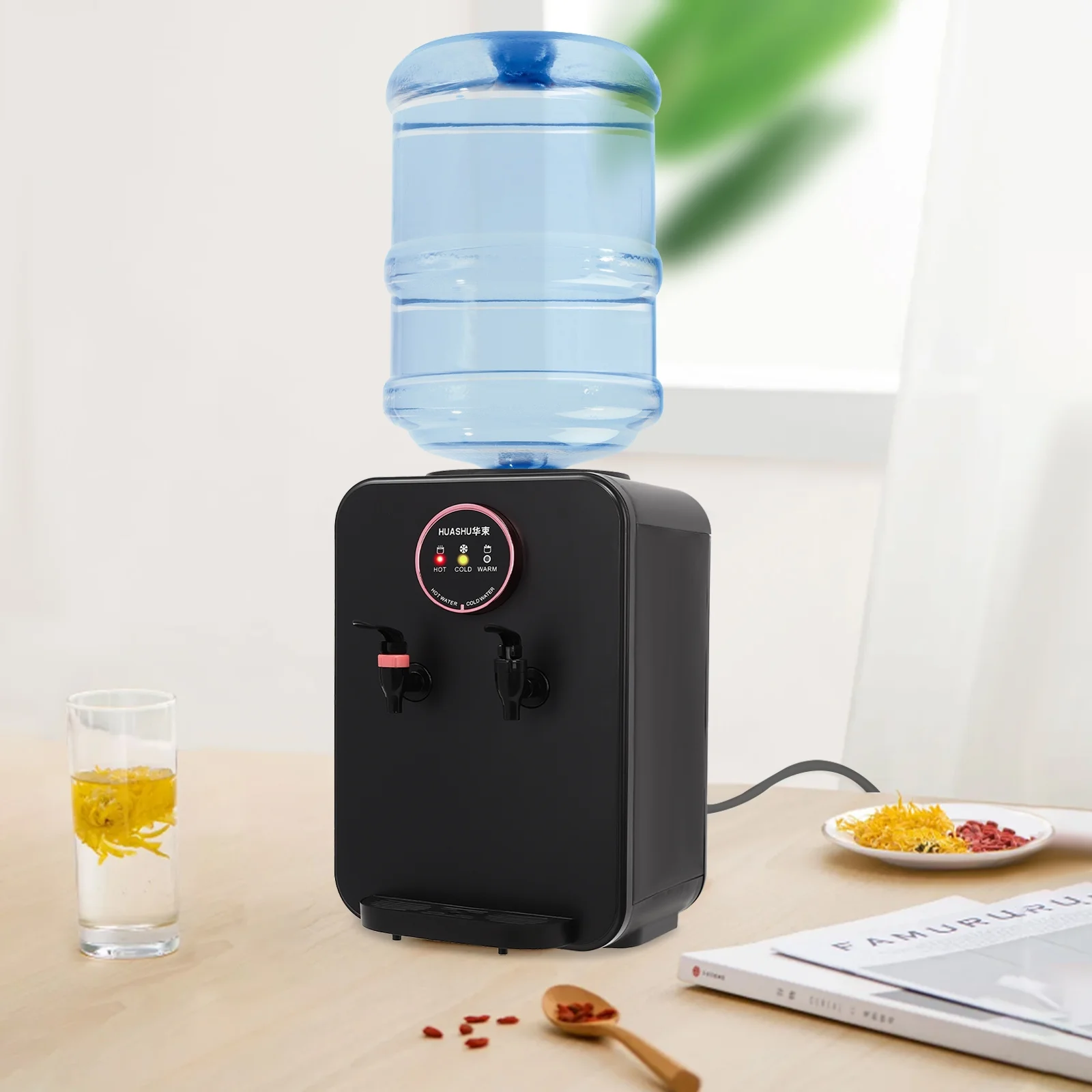 Top Loading Water Cooler, Countertop Hot/Cold Water Dispenser, 110V Premium Water Dispenser with Hot Cold and Room Temperature Water,Black,Applicable Bucket Capacity 4.5-18.9L/1.19-4.99gal