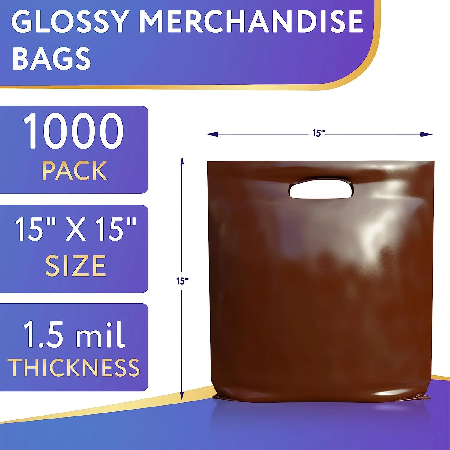 Pack of 1000 Brown Shopping Bags with Die Cut Handle 15 x 15 Thickness 25 micron. High Density Polyethylene Bags 15x15 Lightweight Retail Plastic Bags. Polyethylene Poly Bags with Die-Cut Handles.