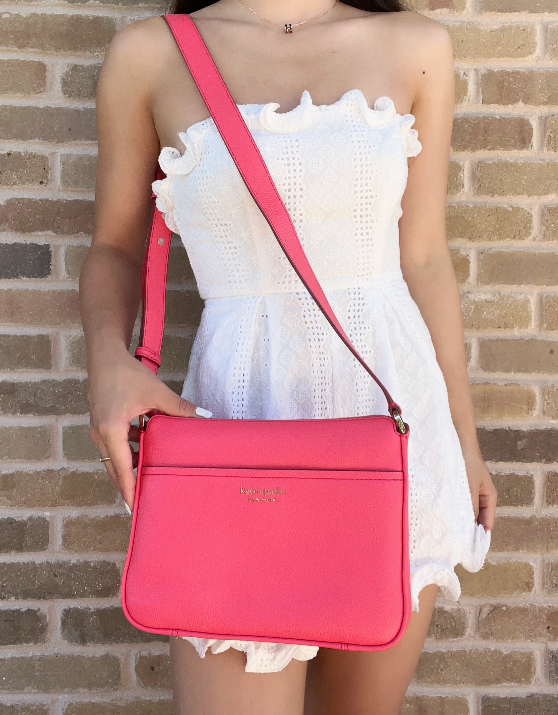 Kate Spade Run Around Top Zip Medium Crossbody Pink Peach Melba Pebbled Leather