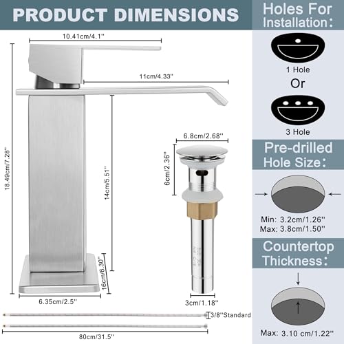 Herogo Bathroom Vessel Sink Faucet, Brushed Nickel Single Handle Tall Waterfall Bathroom Sink Faucet with Pop-up Drain & 2 Supply Lines, for 1 Hole Lavatory Bowl