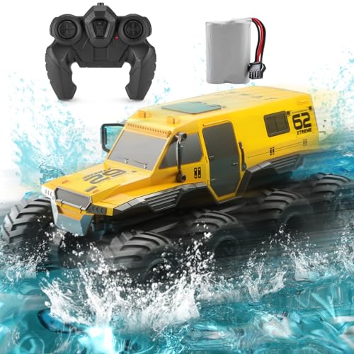 Amphibious RC Truck 1: 12 8WD, 2.4G Off Road Waterproof Large Remote Control Car for Boys, All Terrain RC Car Toys for 7 8 9 10 11 12 Year Old Boys/Girls 4+, Gift Birthday Christmas -Black